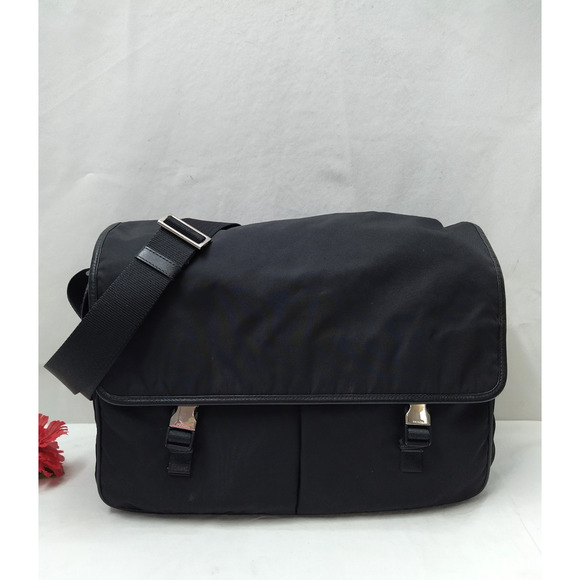 Prada Black Nylon Double Pushlock Flap Closure Messenger Crossbody Bag - Picture 1 of 16